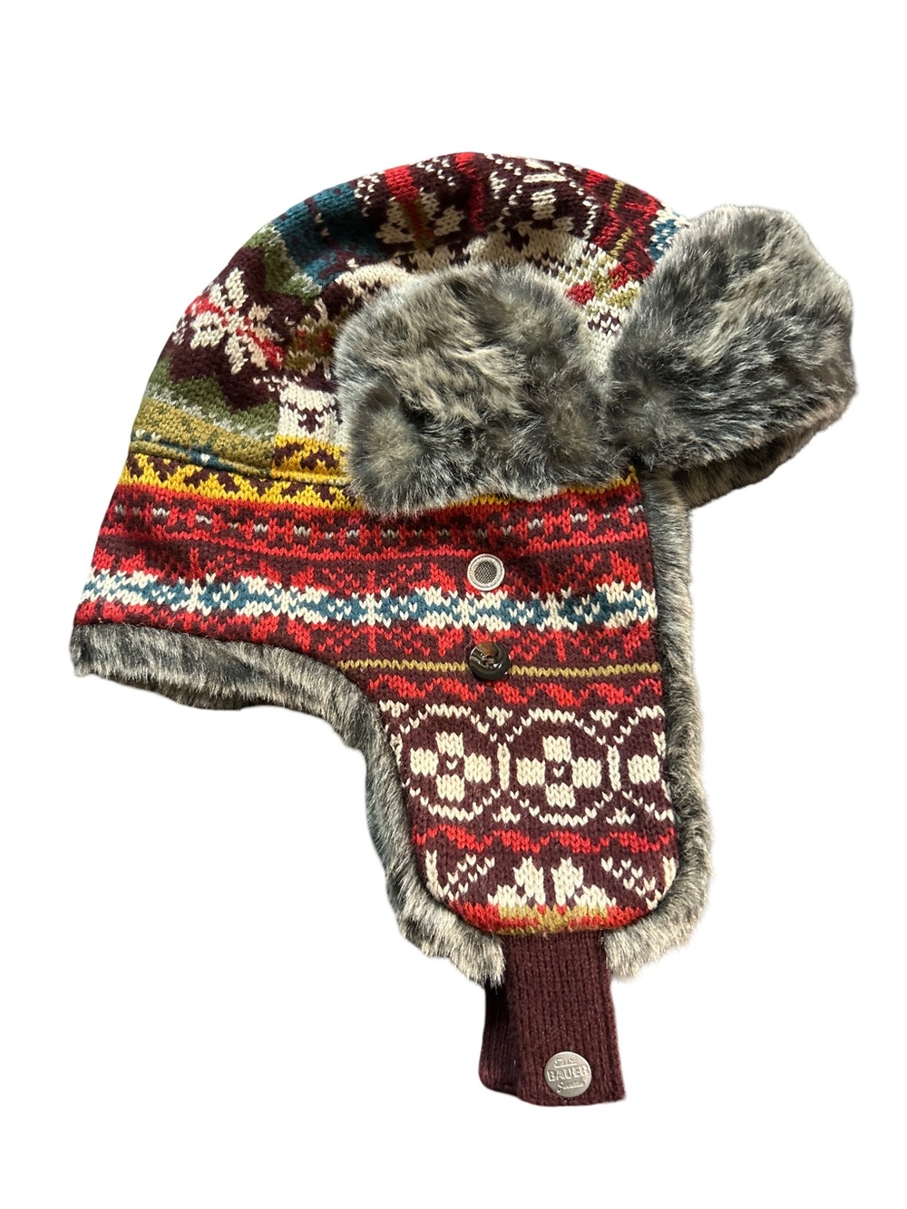 Eddie Bauer Fair Isle Knit Trapper Hat Faux Fur Ear Flaps Maroon Red Cabincore